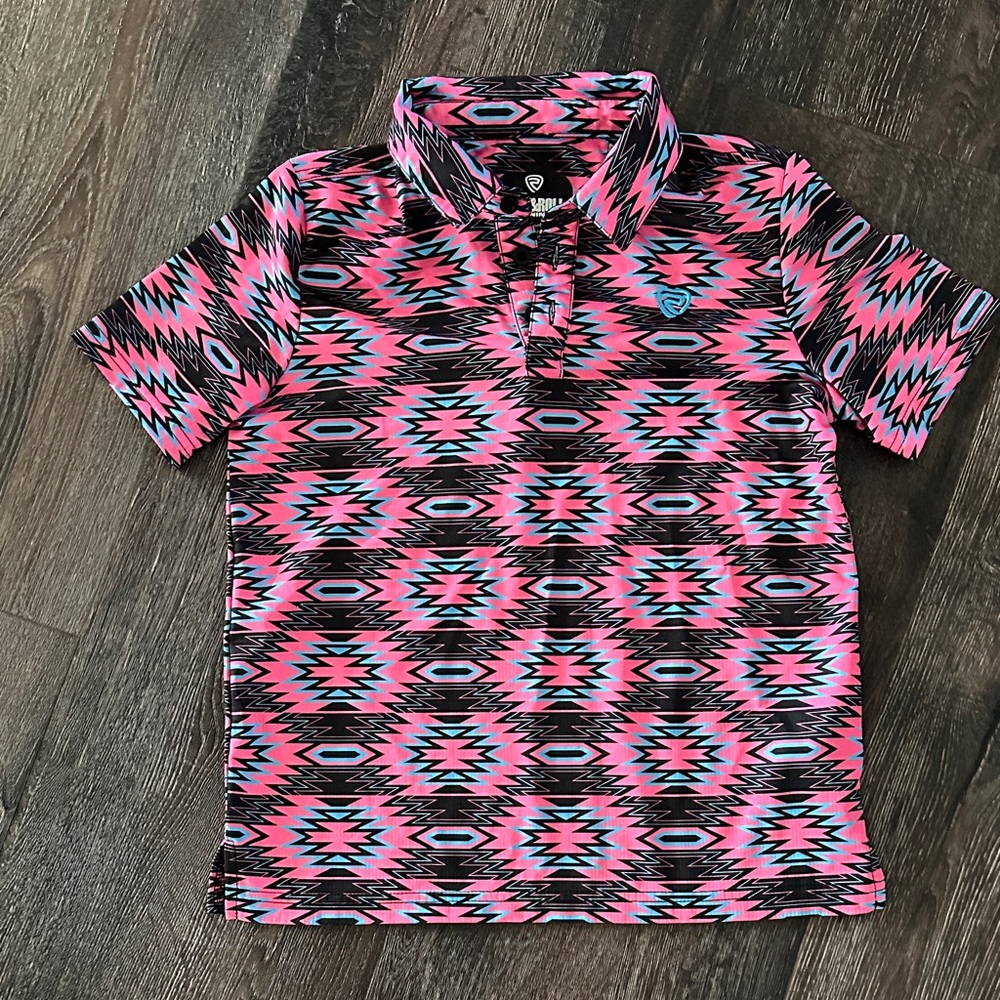Boys Pink and Black Geometric Rock & Roll Denim Polo Shirt